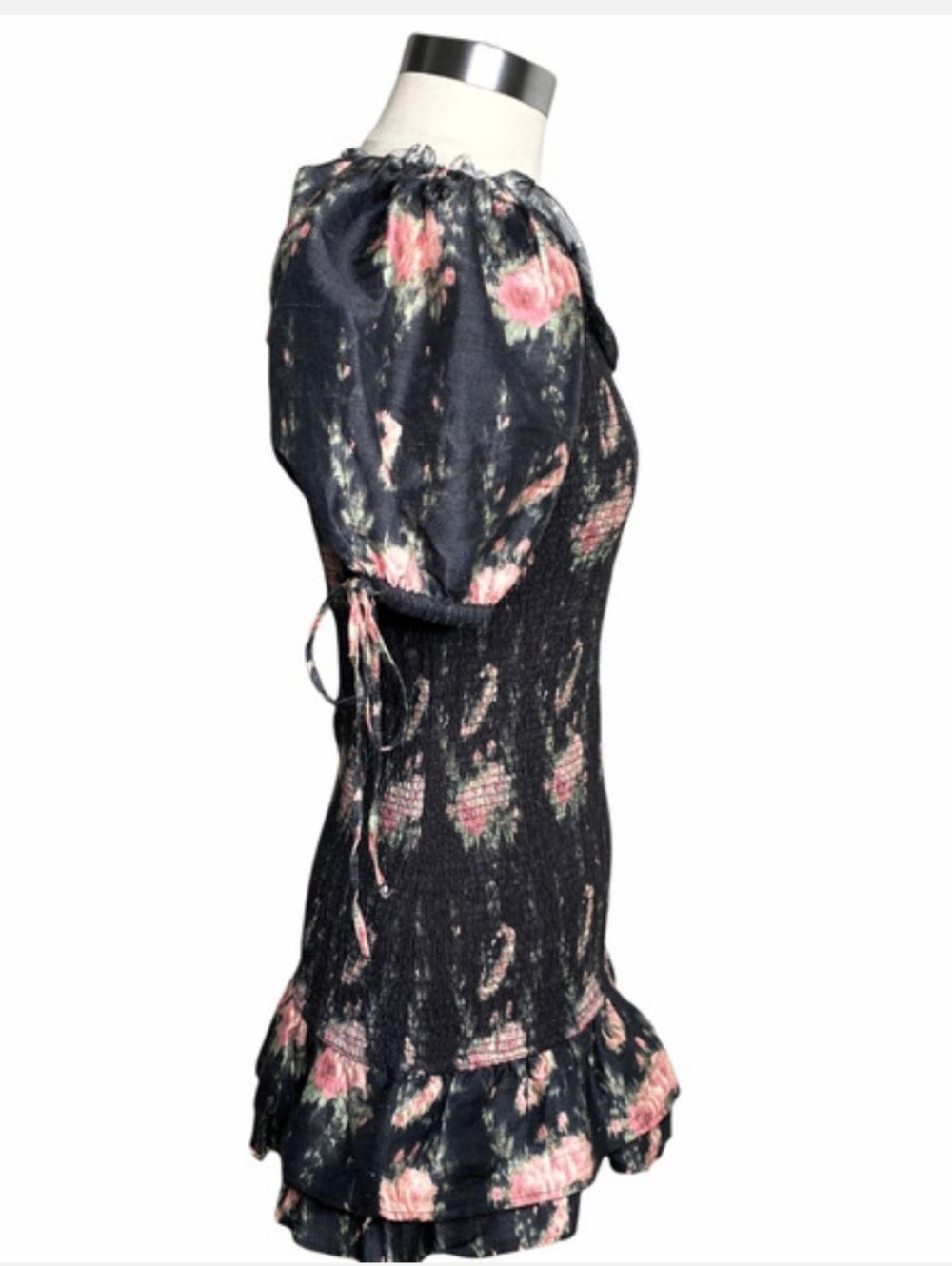 LoveShackFancy Women's Black Floral Smocked 100% Silk Boho Mini Dress Sz L - Picture 6 of 13